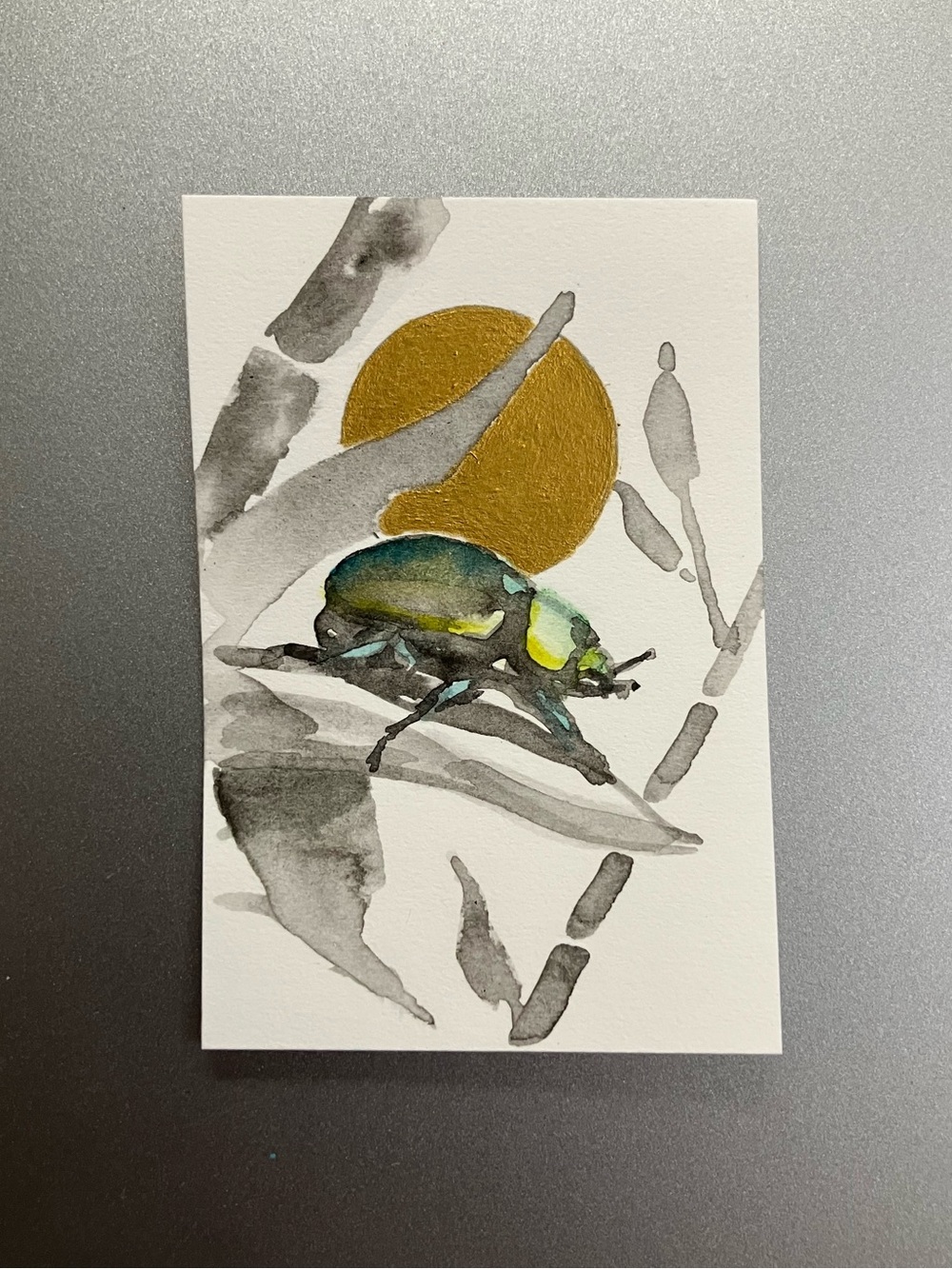 Original scarab beetle ink painting sumi-e insect realism art gold accent USA